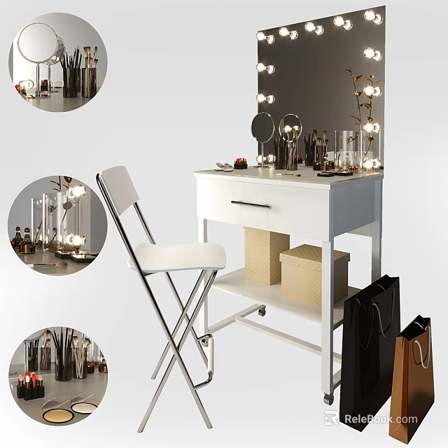 White Dressing Table With Lighted Mirror Chair Storage Boxes And Cosmetics 3d model