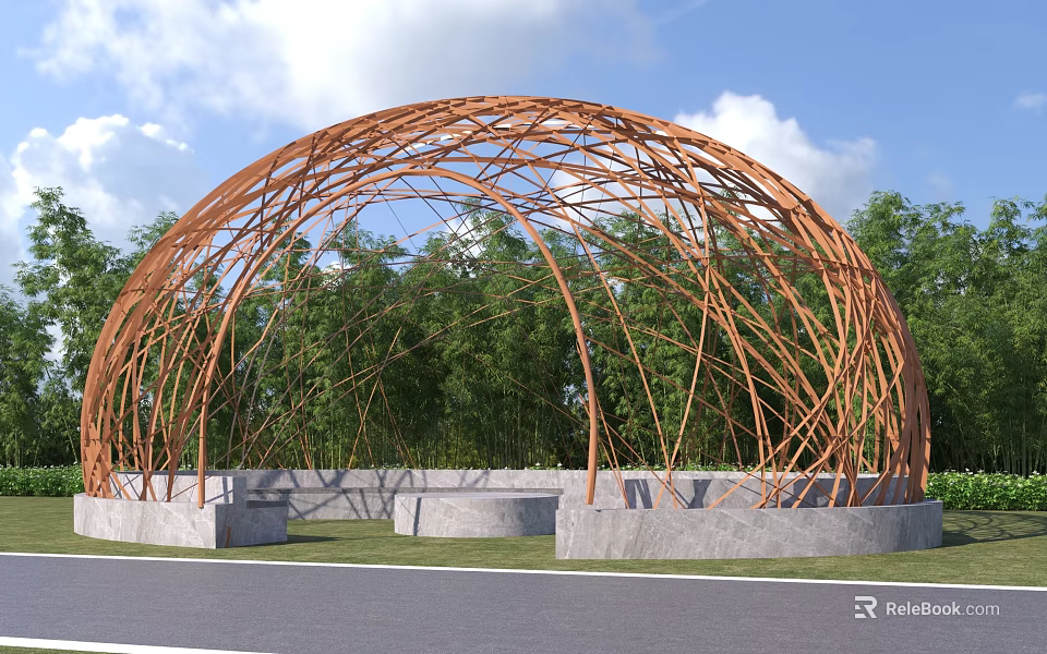 Wooden Pergola with Arched Design Surrounded by Green Trees and Concrete Base 3d model 