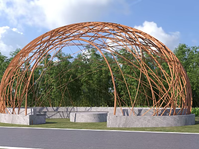 Wooden Pergola with Arched Design Surrounded by Green Trees and Concrete Base 3d model