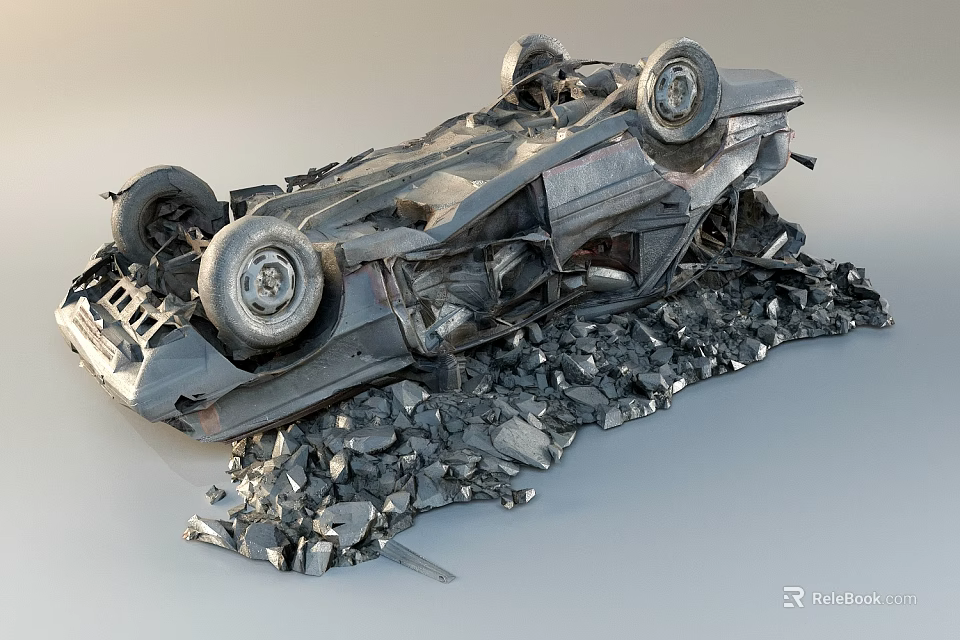 Overturned Severely Damaged Car With Wrecked Exterior And Scattered Rubble 3d model 