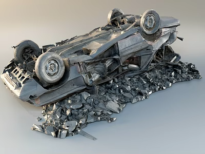 Overturned Severely Damaged Car With Wrecked Exterior And Scattered Rubble 3d model