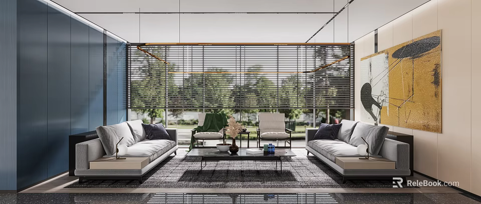 Modern Hotel Public Lounge Area With Comfortable Sofas Coffee Table And Green Plants Outside Blinds 3d model