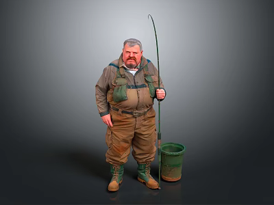 Fisherman Wearing Fishing Gear Holding Rod Near Green Bucket and Muddy Pants 3d model