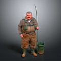 Fisherman Wearing Fishing Gear Holding Rod Near Green Bucket and Muddy Pants