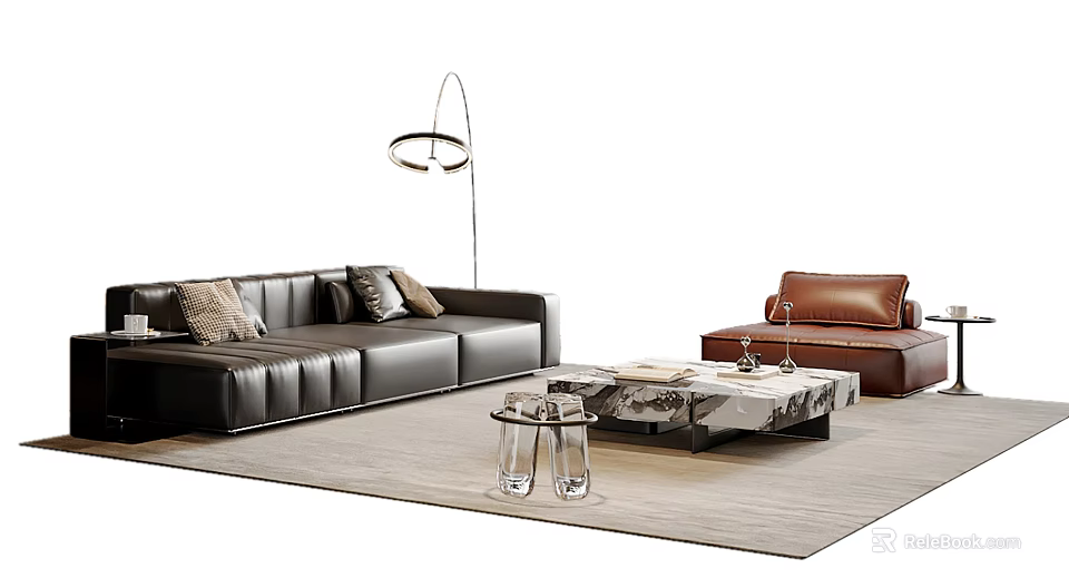 Modern Leather Sofa Coffee Table Set With Floor Lamp Armchair And Rug 3d model 