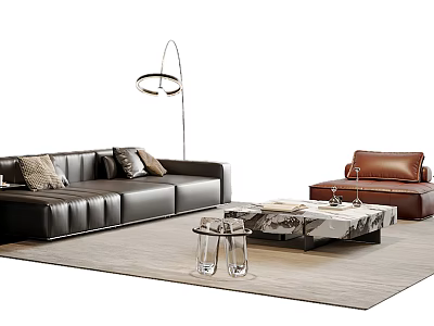 Modern Leather Sofa Coffee Table Set With Floor Lamp Armchair And Rug 3d model