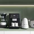 Green Background Kitchen Countertop With Coffee Machine Electric Kettle Toaster And Appliances