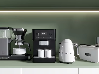 Green Background Kitchen Countertop With Coffee Machine Electric Kettle Toaster And Appliances 3d model