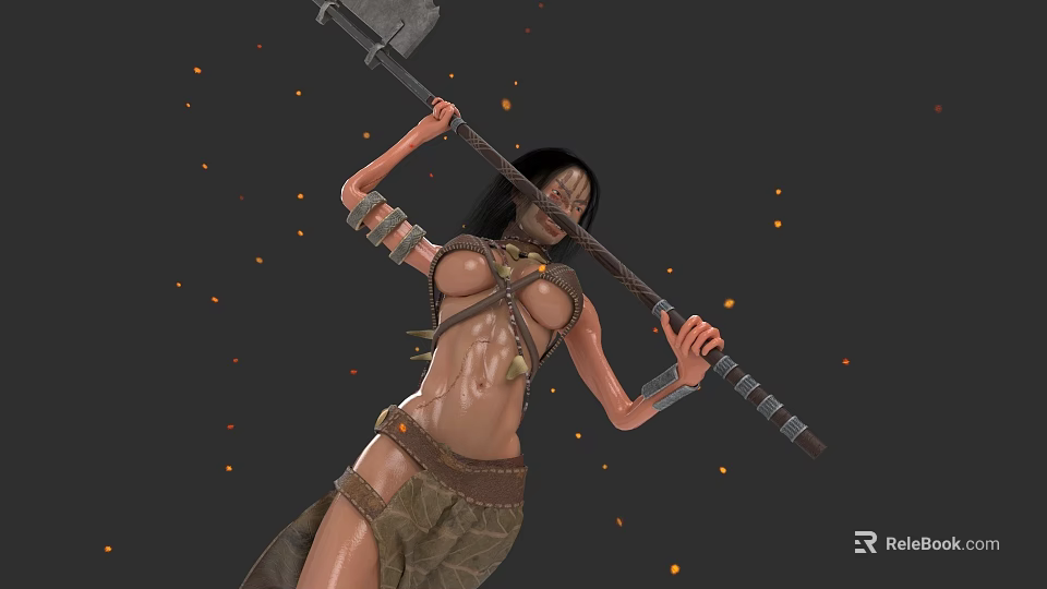 Woman In Warrior Attire Holding Large Axe With Orange Glowing Particles 3d model 