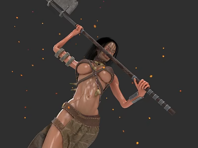 Woman In Warrior Attire Holding Large Axe With Orange Glowing Particles 3d model