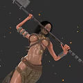 Woman In Warrior Attire Holding Large Axe With Orange Glowing Particles