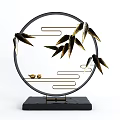 Elegant Ornament Decor Set With Circular Frame Golden Bamboo Mountain Bird And Ginkgo Design