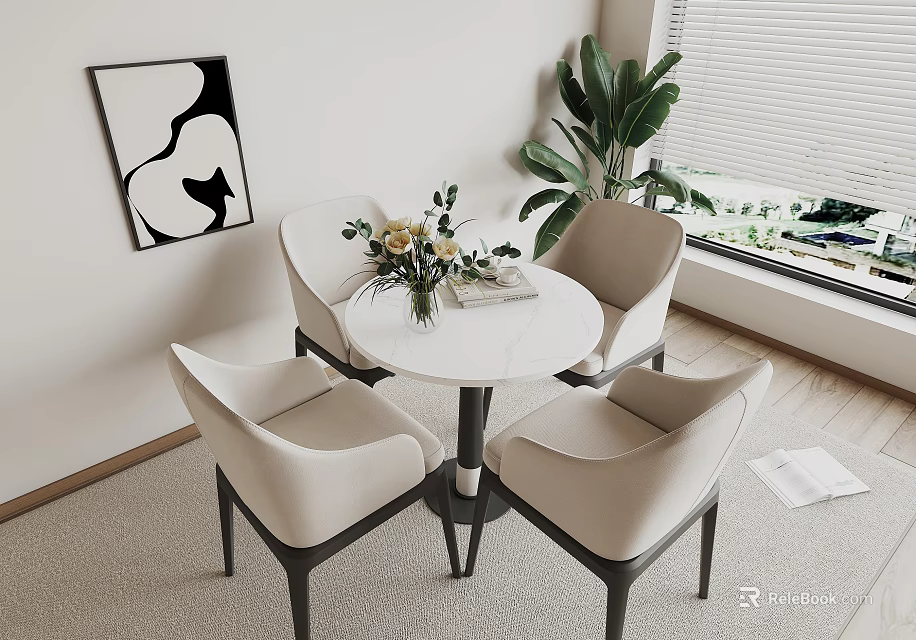 Modern Round Dining Table With Four Beige Chairs And Potted Plant In Living Room 3d model 