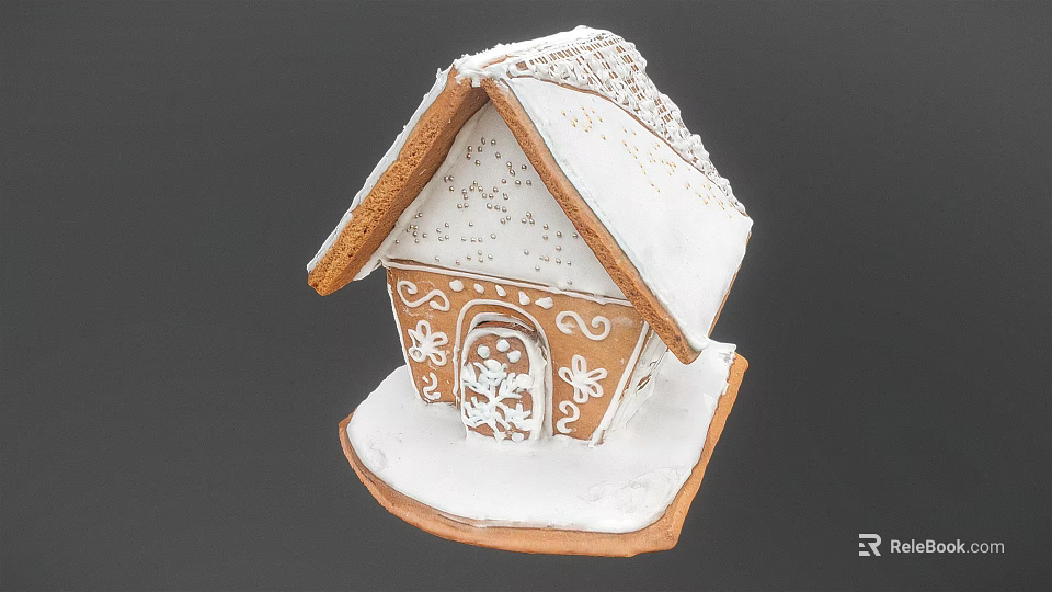 Cartoon Gingerbread House With White Frosting Roof And Snowflake Decorations On Wooden Base 3d model 
