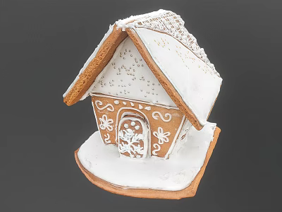 Cartoon Gingerbread House With White Frosting Roof And Snowflake Decorations On Wooden Base 3d model