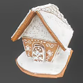 Cartoon Gingerbread House With White Frosting Roof And Snowflake Decorations On Wooden Base