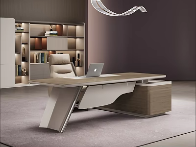 Elegant Modern Office Desk Interior With Laptop Chair Bookshelf And Decorations 3d model