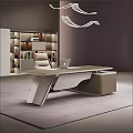 Elegant Modern Office Desk Interior With Laptop Chair Bookshelf And Decorations