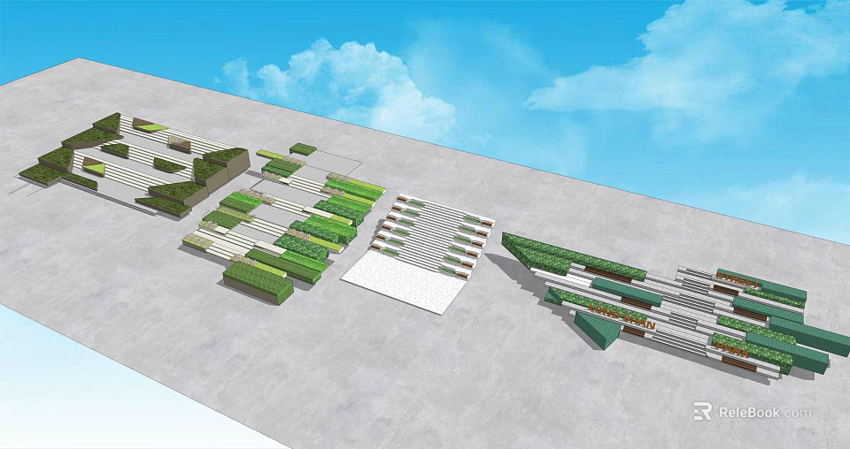 Creative Modern Stairs Design With Green Plants On Concrete Surface And Blue Sky View 3d model 