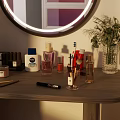 Stylish Dressing Table With Round Lighted Mirror Cosmetics Perfume Bottles Lipsticks And Flower Vase