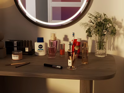 Stylish Dressing Table With Round Lighted Mirror Cosmetics Perfume Bottles Lipsticks And Flower Vase 3d model