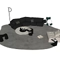 Modern Living Room Setup with Black Sofa White Coffee Table Gray Rug and Floor Lamp