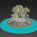 Cartoon Scene Of Island With Tall Trees Stone Steps Blue Water And Decorative Structures