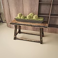 Green Moss Ball Bonsai In Black Tray On Rustic Wooden Table With Wooden Cabinet Background