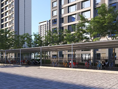 Parking Lot With Shelter For Bicycles And Motorcycles Near High Rise Buildings And Trees 3d model