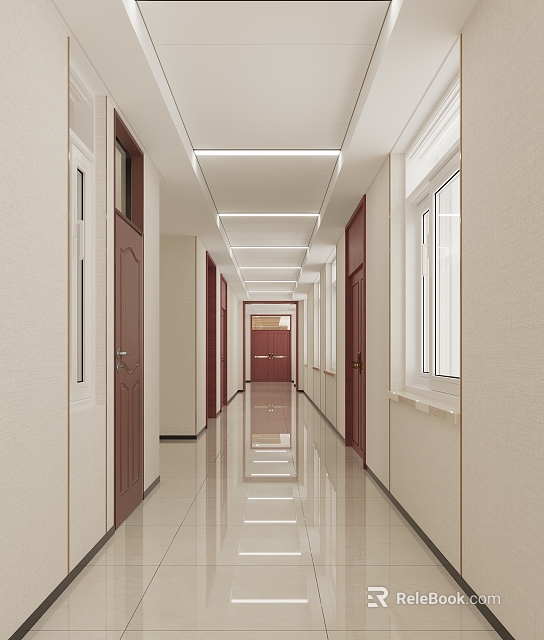 Long Office Corridor With Brown Side Doors Ceiling Light Strips Sleek Floor And Natural Light 3d model 