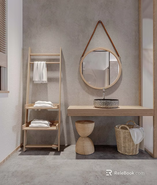 Hotel Bathroom Interior With Round Mirror Stone Sink Wooden Shelf And Wicker Basket 3d model 