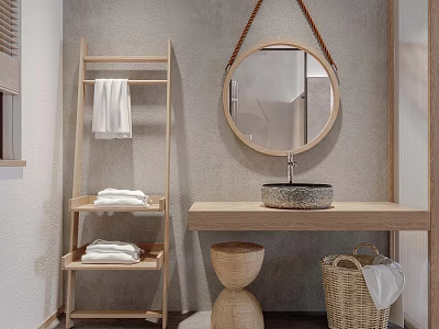 Hotel Bathroom Interior With Round Mirror Stone Sink Wooden Shelf And Wicker Basket 3d model