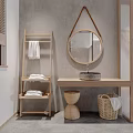 Hotel Bathroom Interior With Round Mirror Stone Sink Wooden Shelf And Wicker Basket