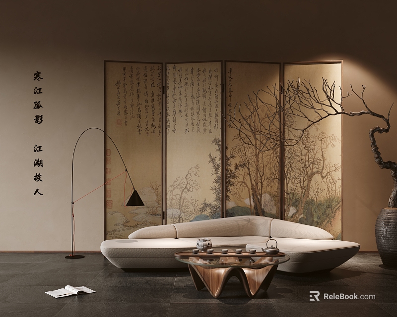 Chinese Style Screen In Modern Living Room With Sofa And Tea Table 3d model 