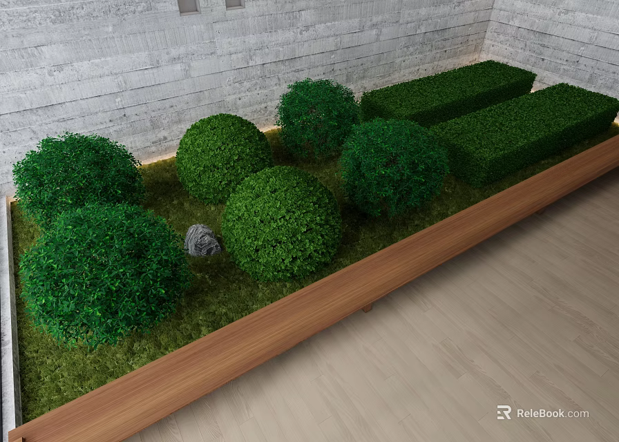 Round Shaped Green Shrubs With Rectangular Hedges In Wooden Border Gray Brick Wall And Wooden Floor 3d model 