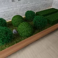 Round Shaped Green Shrubs With Rectangular Hedges In Wooden Border Gray Brick Wall And Wooden Floor