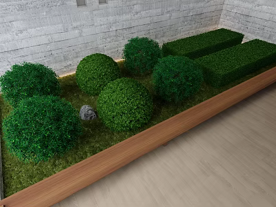 Round Shaped Green Shrubs With Rectangular Hedges In Wooden Border Gray Brick Wall And Wooden Floor 3d model