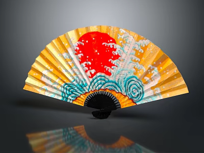 Decorative Fan Pendant with Red Sun Blue Waves and Yellow Surface Design 3d model