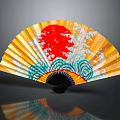 Decorative Fan Pendant with Red Sun Blue Waves and Yellow Surface Design