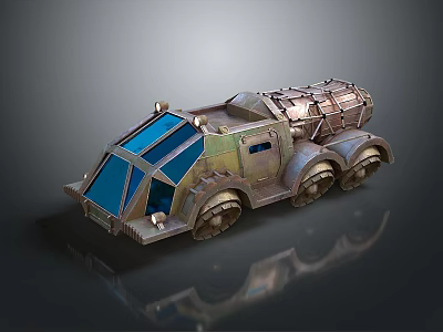 Futuristic Sci Fi Armored Vehicle With Metallic Exterior Blue Windows Multiple Wheels And Roof Mounted Equipment 3d model