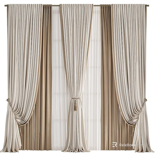 Elegant Beige Striped Curtains With Sheer Inner Layer And Luxurious Tiebacks 3d model 