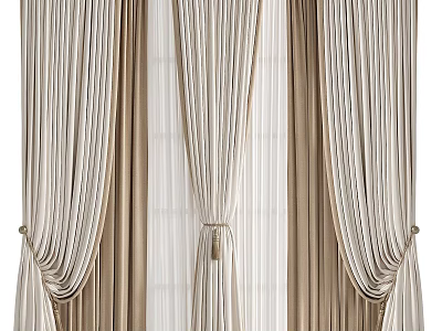 Elegant Beige Striped Curtains With Sheer Inner Layer And Luxurious Tiebacks 3d model
