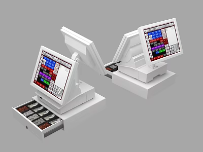 White Cash Registers As Daily Use Electrical Appliances With Display Screens And Colorful Buttons 3d model