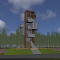 Modern Observation Platform With Orange Structure Glass Railings Green Trees And Pink Flower Beds