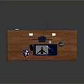 Home Office Wooden Desk With Blue Stationery And Accessories On Blue Backdrop