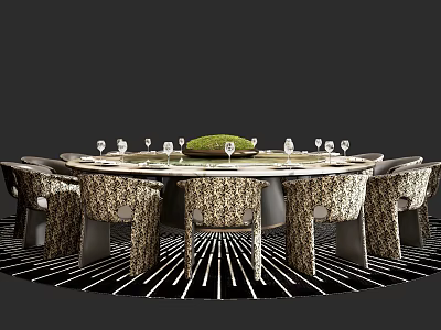 Elegant Round Dining Table Set With Patterned Chairs Green Decor And Wine Glasses 3d model