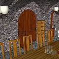 Cozy Cellar Bar Interior With Stone Walls Arched Doorway Chandeliers And Wooden Table Chairs
