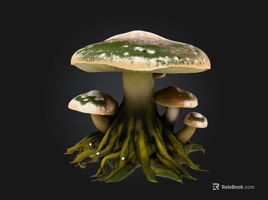 Mushroom With Large Green And White Spotted Cap Small Mushrooms And Green Root Tendrils 3d model 