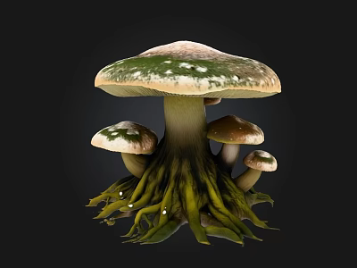 Mushroom With Large Green And White Spotted Cap Small Mushrooms And Green Root Tendrils 3d model