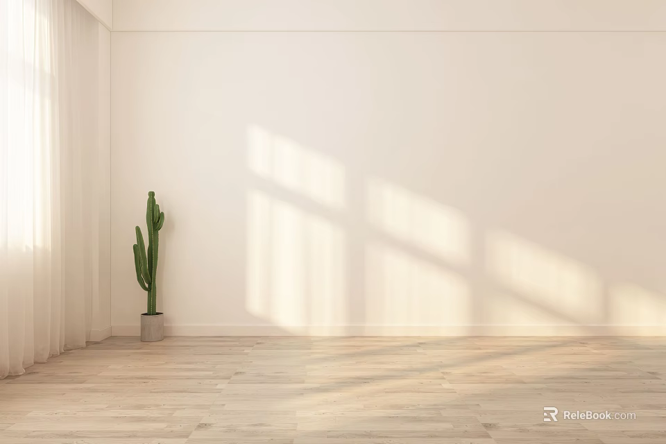 Potted Cactus Plant by Window with Sunlight White Wall and Light Wooden Floor 3d model 